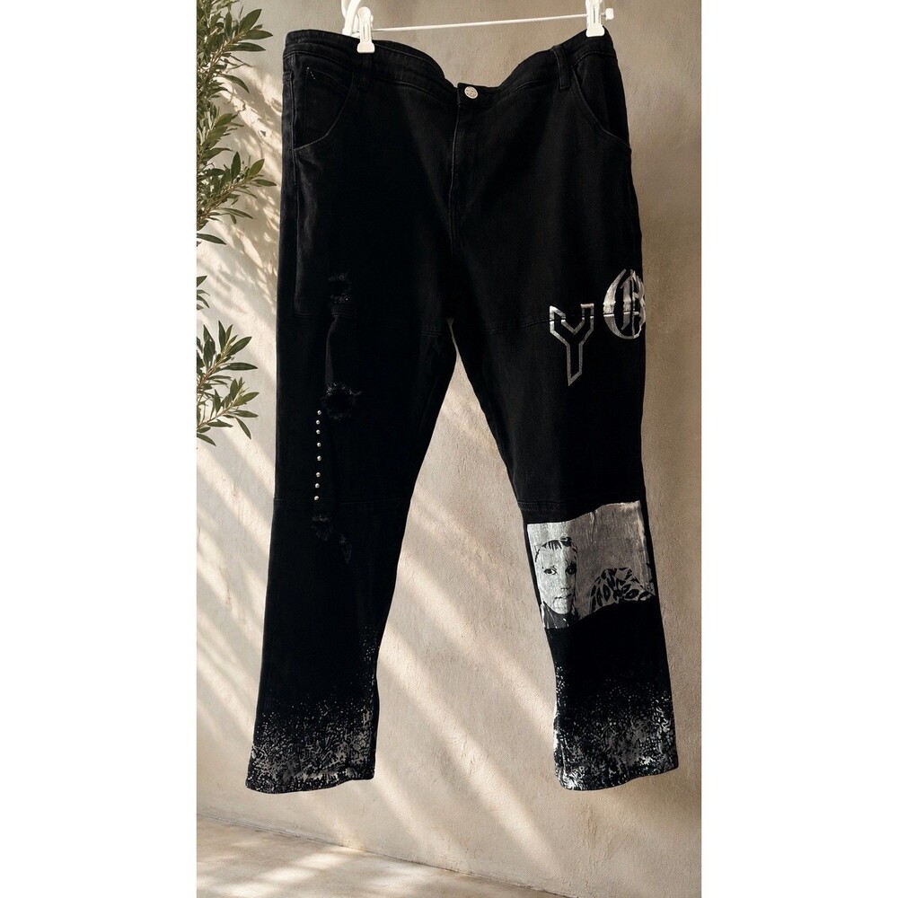 Lifted Anchors "Different Faces" Men's Black Distressed Graphic Jeans Size 44